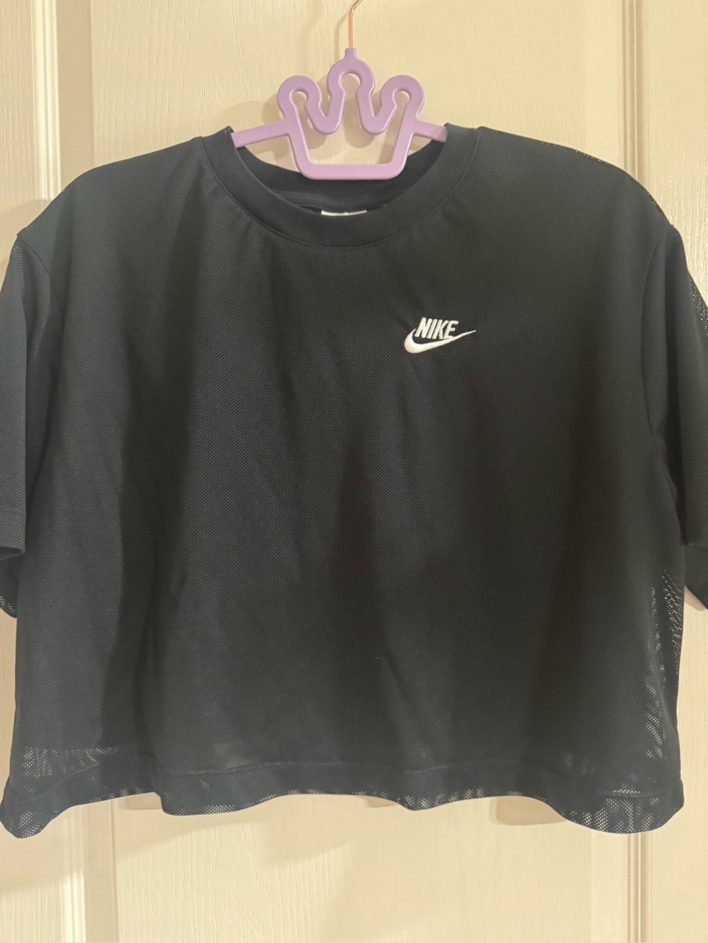 Nike Black Mesh Short-Sleeve Cropped Tee with White Logo